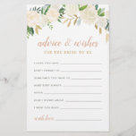 Blush Gold Green Floral Bride Advice and Wishes<br><div class="desc">Wedding bridal shower Advice & Wishes note for the Bride-to-Be features an elegant floral watercolor design with painted roses, ranunculus flowers, and leaves in neutral spring and summer shades of white, cream, blush pink, gold, rose gold, and green. The back of the card is soft blush with abstract brushed dot...</div>