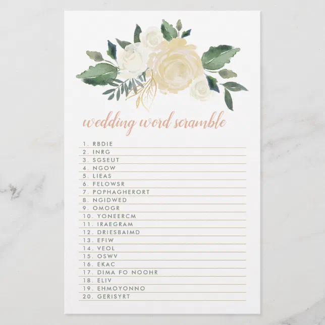 Indigo Floral Wedding Word Scramble Game Cards - Pack Of 25, Rustic Bridal Shower Party Games