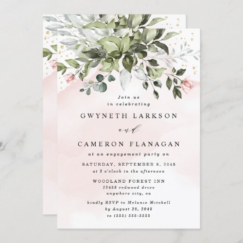 Blush Gold Greenery Dusty Blue Engagement Party Invitation