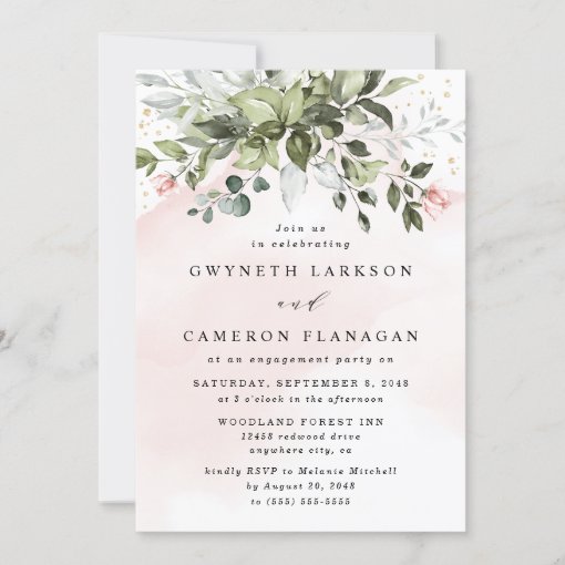 Blush Gold Greenery Dusty Blue Engagement Party Invitation | Zazzle