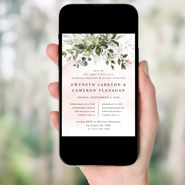 Blush Gold Greenery Dusty Blue Rehearsal Dinner Invitation (Front Digital)