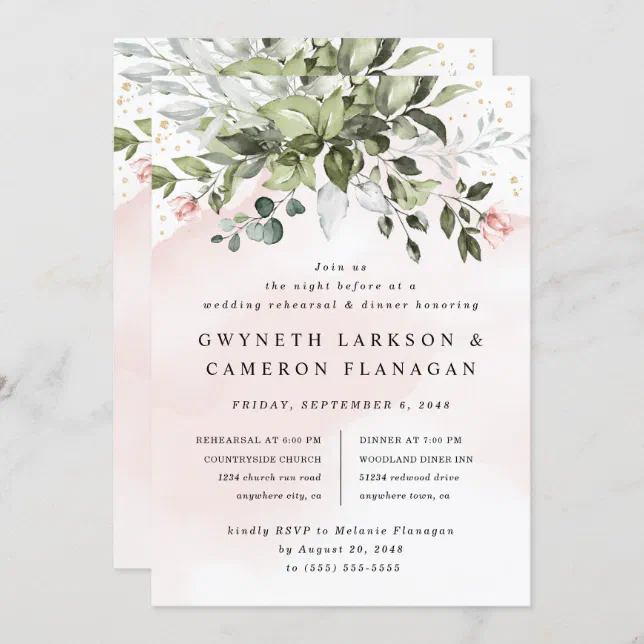 Blush Gold Greenery Dusty Blue Rehearsal Dinner Invitation | Zazzle