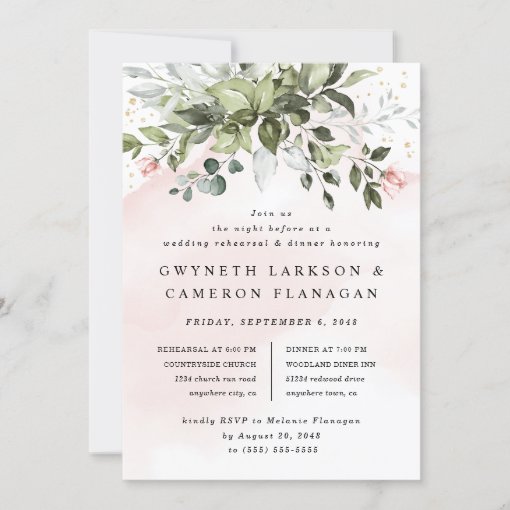 Blush Gold Greenery Dusty Blue Rehearsal Dinner Invitation | Zazzle