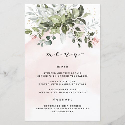 Blush Gold Greenery Dusty Blue Wedding Menu Cards