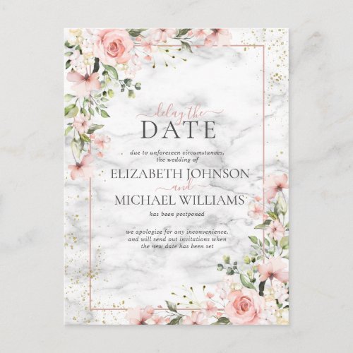 Blush Gold Greenery Dusty Pink Floral Delay Date Postcard