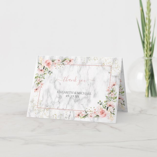 Blush Gold Greenery Dusty Pink Floral Thank You Card (Front)