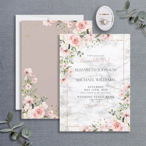 Blush Gold Greenery Dusty Pink Floral Wedding Invitation