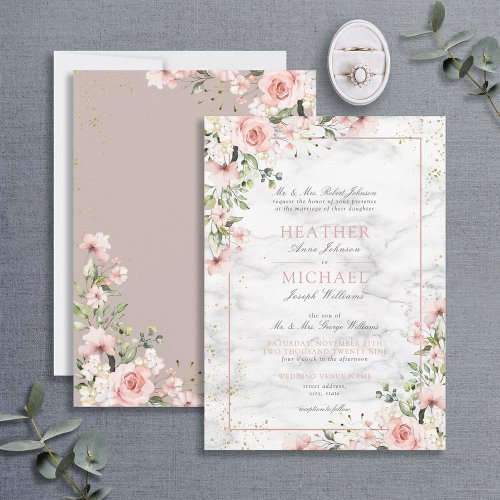 Blush Gold Greenery Dusty Pink Floral Wedding  Invitation