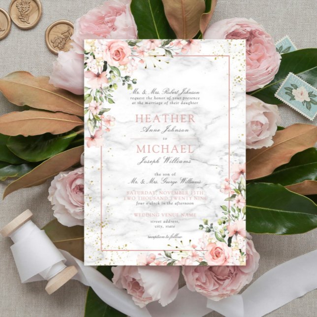 Blush Gold Greenery Dusty Pink Floral Wedding  Invitation (Creator Uploaded)