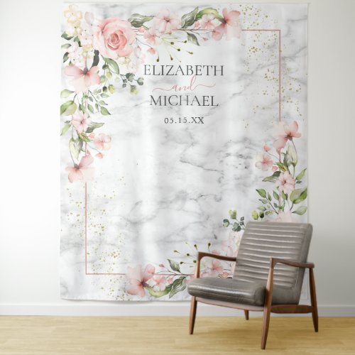 Blush Gold Greenery Dusty Pink Floral Wedding Tapestry