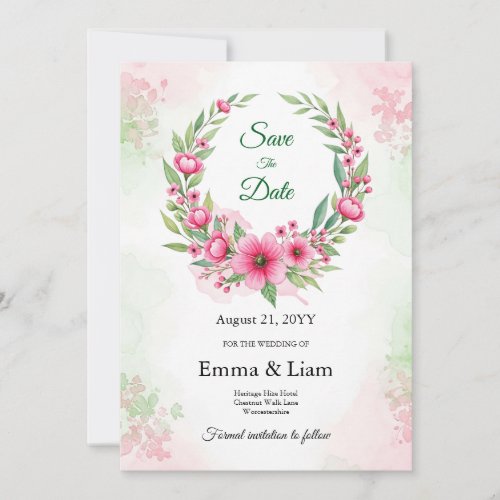 Blush Gold Greenery Pink Botanical Wreath Save the Date