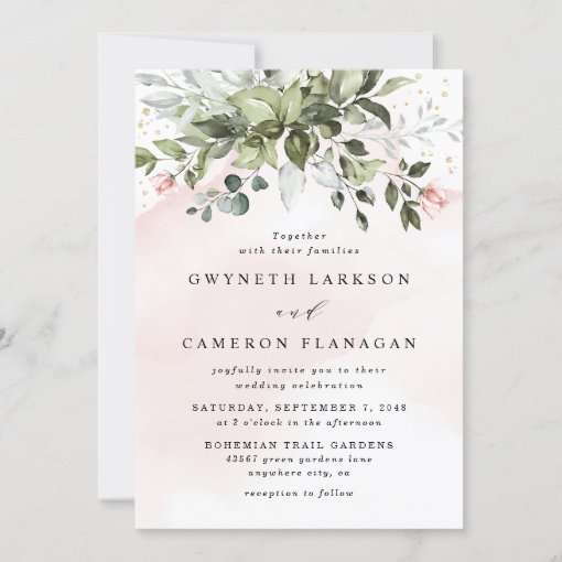 Blush Gold Greenery Succulent Dusty Blue Wedding Invitation | Zazzle