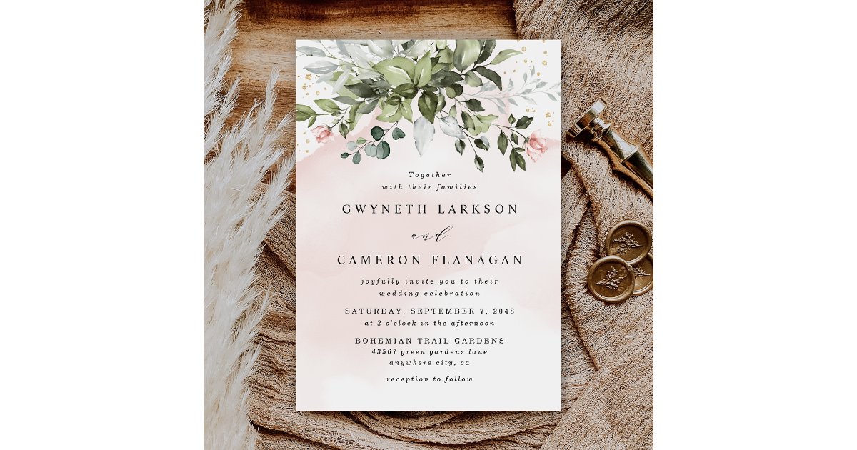 Blush Gold Greenery Succulent Dusty Blue Wedding Invitation | Zazzle