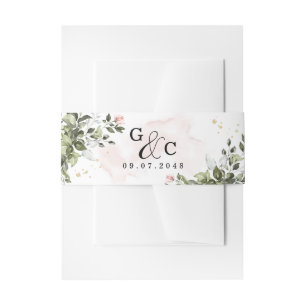 Blush Gold Greenery Succulent Dusty Blue Wedding Invitation Belly Band