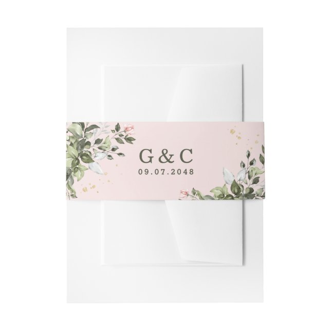 Blush Gold Greenery Succulent Dusty Blue Wedding Invitation Belly Band (Front Example)