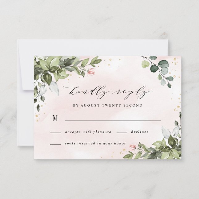 Blush Gold Greenery Succulent Dusty Blue Wedding RSVP Card (Front)