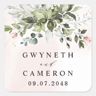 Blush Gold Greenery Succulent Dusty Blue Wedding Square Sticker