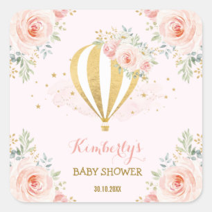 Blush Gold Hot Air Balloon Pink Floral Party Favor Square Sticker