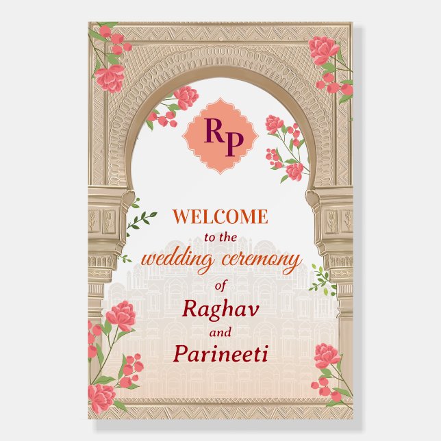 Blush Gold Indian Floral Wedding Welcome Sign (Front)