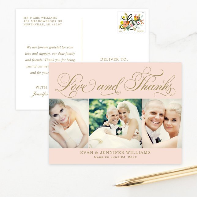 Blush Gold Love and Thanks Wedding Photo Postcard (Creator Uploaded)