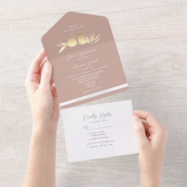 Blush Gold Lovebirds  All In One Invitation (Tearaway)