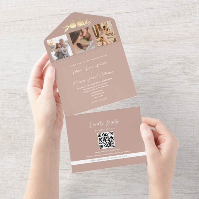 Blush Gold Lovebirds Photo QR Code Wedding All In One Invitation (Tearaway)