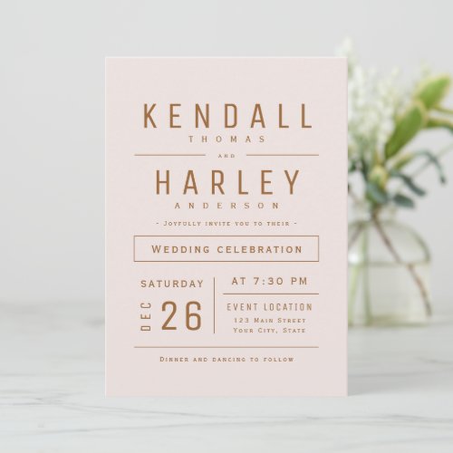 Blush Gold Modern Simple Typography Photo Wedding Invitation