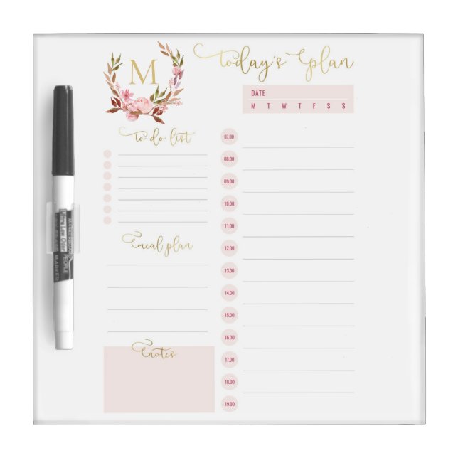 Blush & Gold Monogram Daily Planner To Do List   Dry Erase Board (Front)