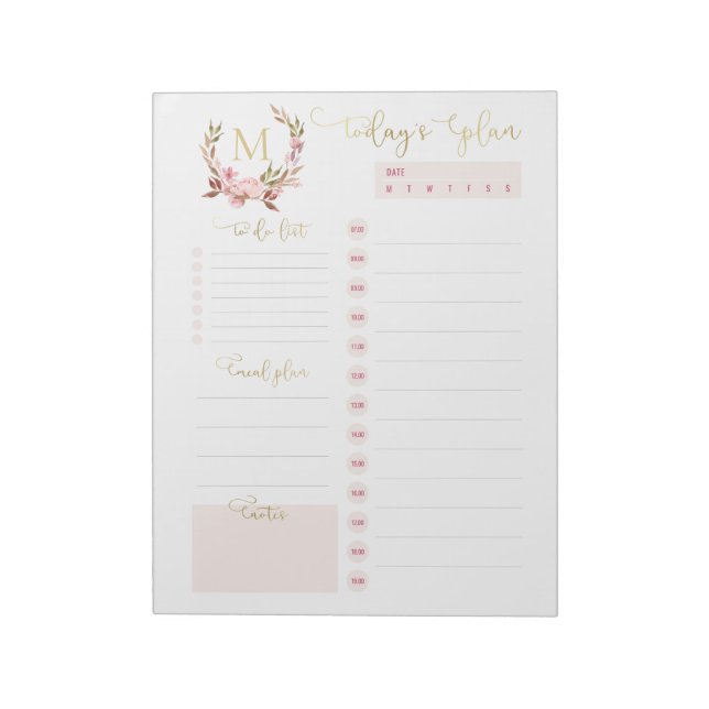 Blush & Gold Monogram Daily Planner To Do List  Notepad (Rotated)