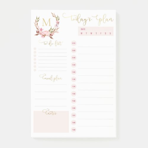 Blush  Gold Monogram Daily Planner To Do List   Post_it Notes