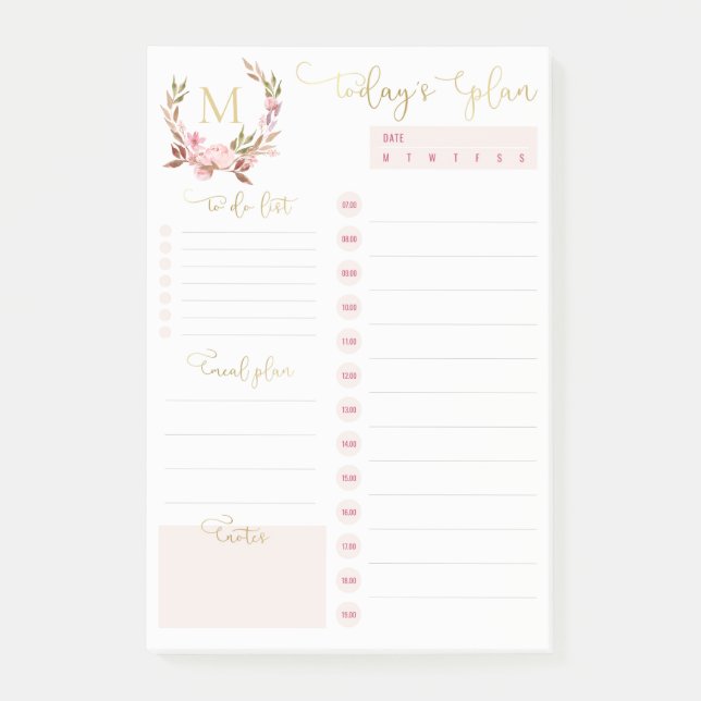 Blush & Gold Monogram Daily Planner To Do List   Post-it Notes (Front)