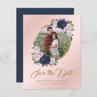 Blush Gold Navy Blue Wedding Photo Save The Date Announcement