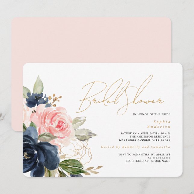 Blush Gold Navy Floral Bridal Shower Invitation (Front/Back)