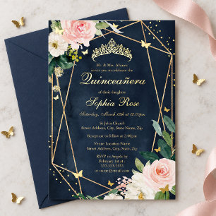 Blush Gold Navy Floral Butterfly Quinceanera Foil Invitation