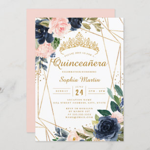 Blush Gold Navy Floral Geometric Quinceanera Invitation