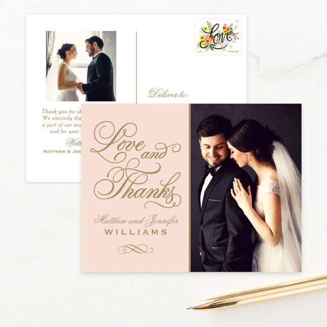 Blush Gold Ornate Love and Thanks Wedding Photo Postcard (Creator Uploaded)
