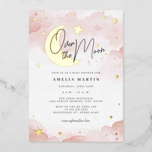 Blush Gold Over the Moon Baby Shower Foil Invitation