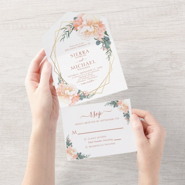 Blush Gold Peach Cream Terracotta Floral Wedding All In One Invitation (Tearaway)