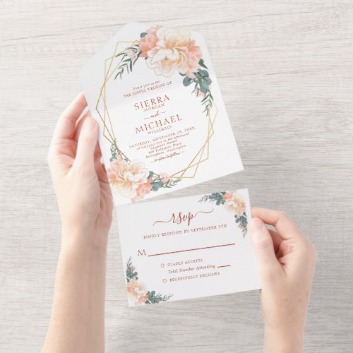 Blush Gold Peach Cream Terracotta Floral Wedding All In One Invitation