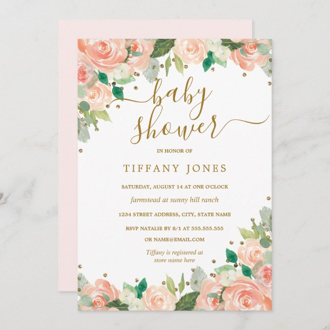 Blush Gold Peach Floral Watercolor Baby Shower Invitation (Front/Back)