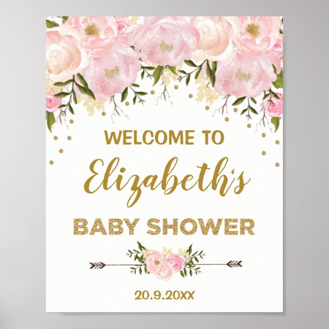 Blush Gold Peonies Chic Baby Shower Welcome Poster (Front)