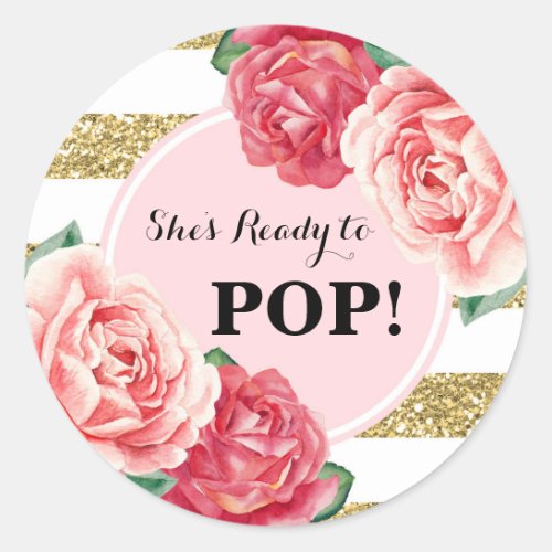 Blush Gold Pink Floral Baby Shower Ready to Pop Classic Round Sticker