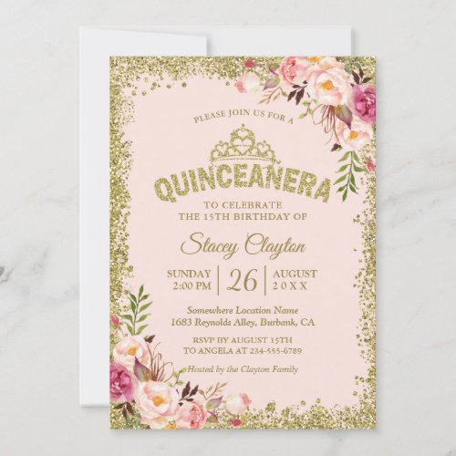 Blush Gold Pink Floral Quinceanera 15th Birthday Invitation - Blush Gold Pink Floral Quinceanera 15th Birthday Party Invitation. 
(1) For further customization, please click the "customize further" link and use our design tool to modify this template. 
(2) If you need help or matching items, please contact me.