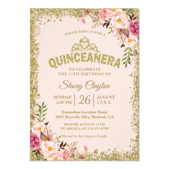 Blush Gold Pink Floral Quinceanera 15th Birthday Invitation Zazzle Com