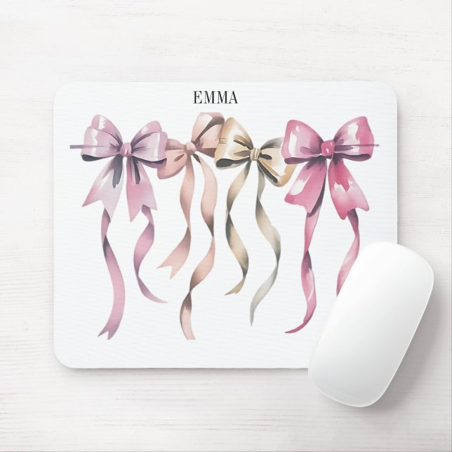 “Blush & Gold Ribbon Bows – Elegant Watercolor Wal Mouse Pad (With Mouse)
