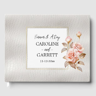 Blush Gold Roses White Faux Leather Wedding Guest Book