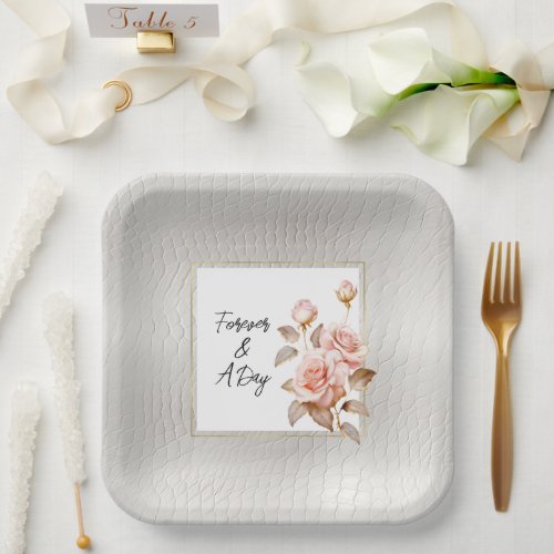 Blush Gold Roses White Faux Leather Wedding Paper Plates