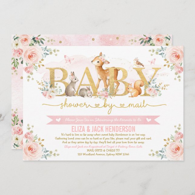 Blush Gold Roses Woodland Baby Shower By Mail Invitation (Front/Back)