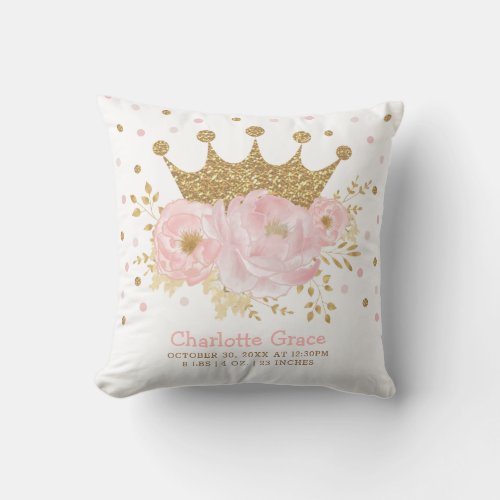 Blush Gold Royal Princess Crown Baby Birth Stats Throw Pillow