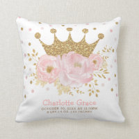 Blush Gold Royal Princess Crown Baby Birth Stats Throw Pillow